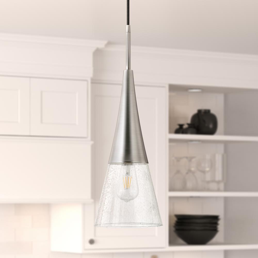 Myra 7.5" Wide Pendant with Glass Shade in Brushed Nickel/Seeded. Picture 2