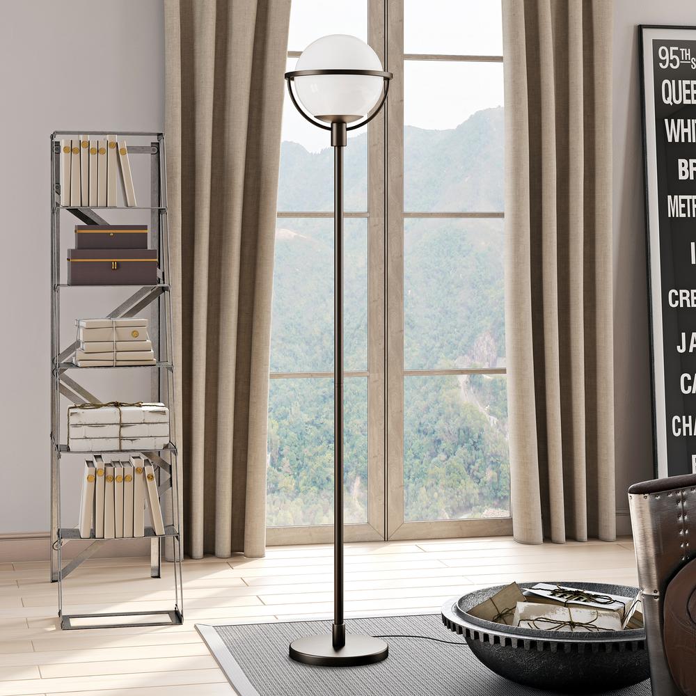 Cieonna Globe & Stem Floor Lamp with Glass Shade in Blackened Bronze/White. Picture 2