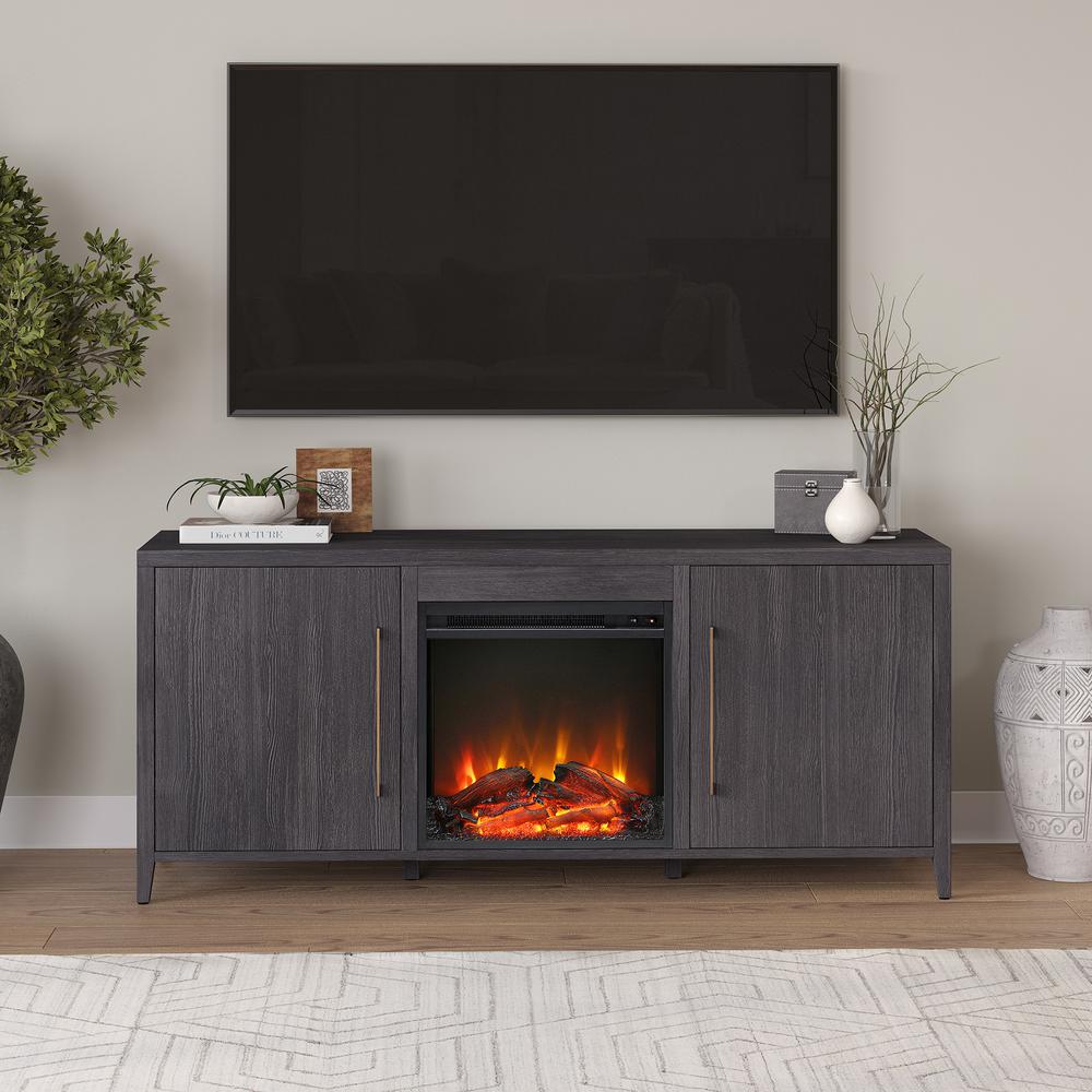 Jasper Rectangular TV Stand with Log Fireplace for TV's up to 65" in Charcoal Gray. Picture 2