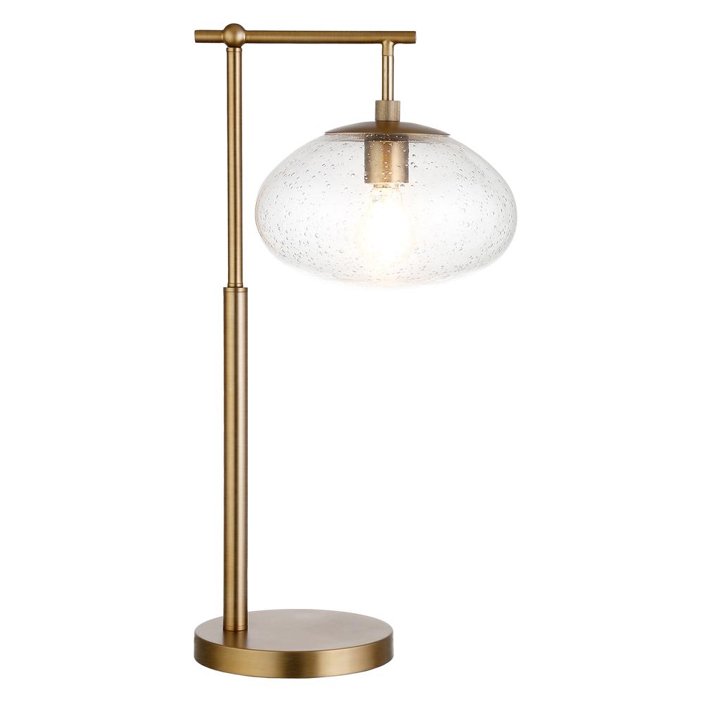 Blume 25" Tall Arc Table Lamp with Glass Shade in Brushed Brass/Seeded. Picture 3