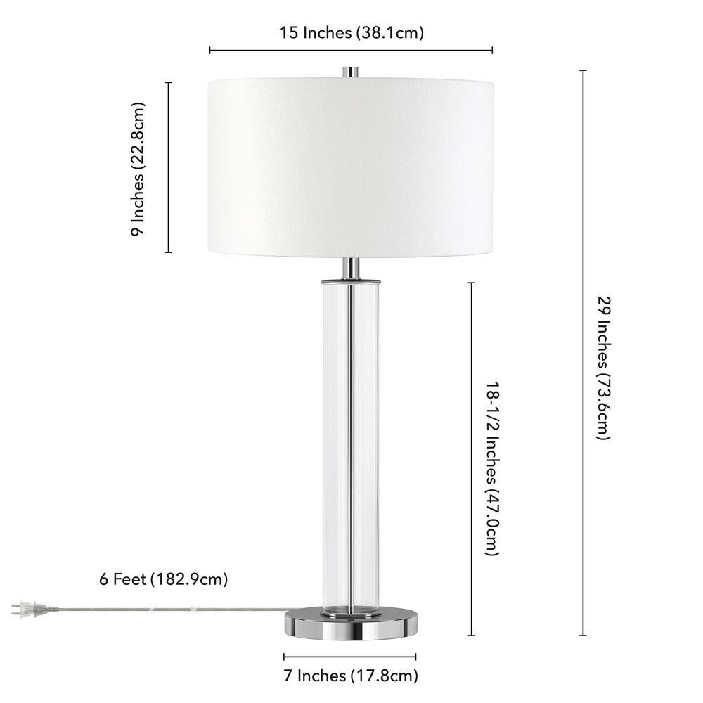 Harlow 29" Tall Table Lamp with Fabric Shade in Clear Glass/Polished Nickel/White. Picture 4