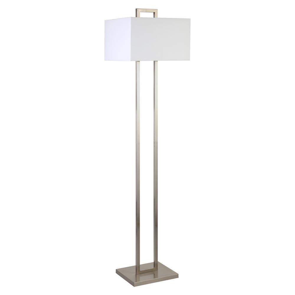 Adair 68" Tall Floor Lamp with Fabric Shade in Brushed Nickel/White. Picture 1