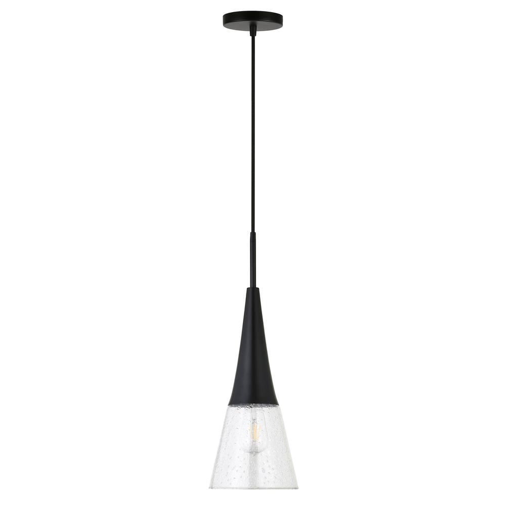Myra 7.5" Wide Pendant with Glass Shade in Blackened Bronze/Seeded. Picture 1