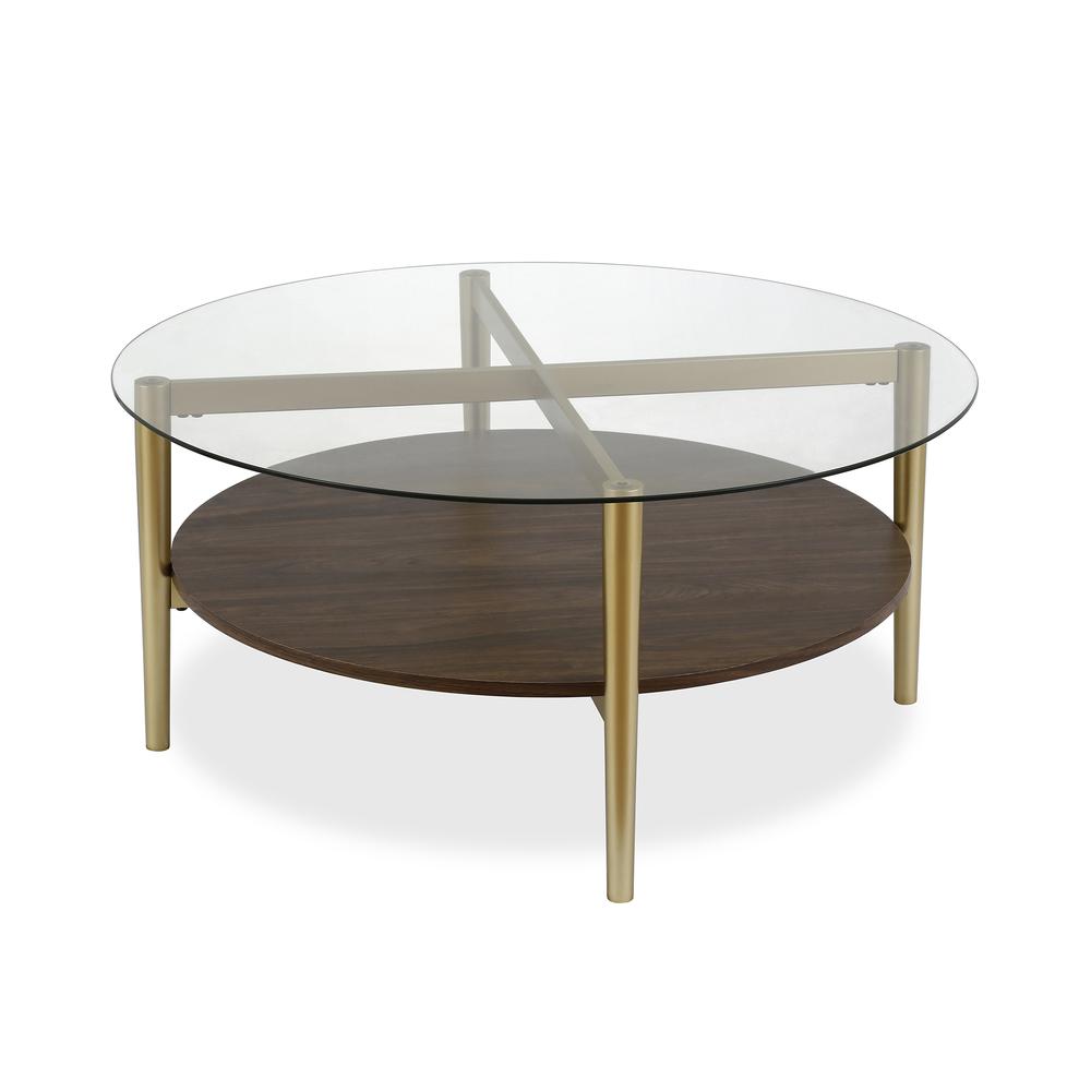 Otto 36'' Wide Round Coffee Table with MDF Shelf in Gold/Walnut. Picture 3