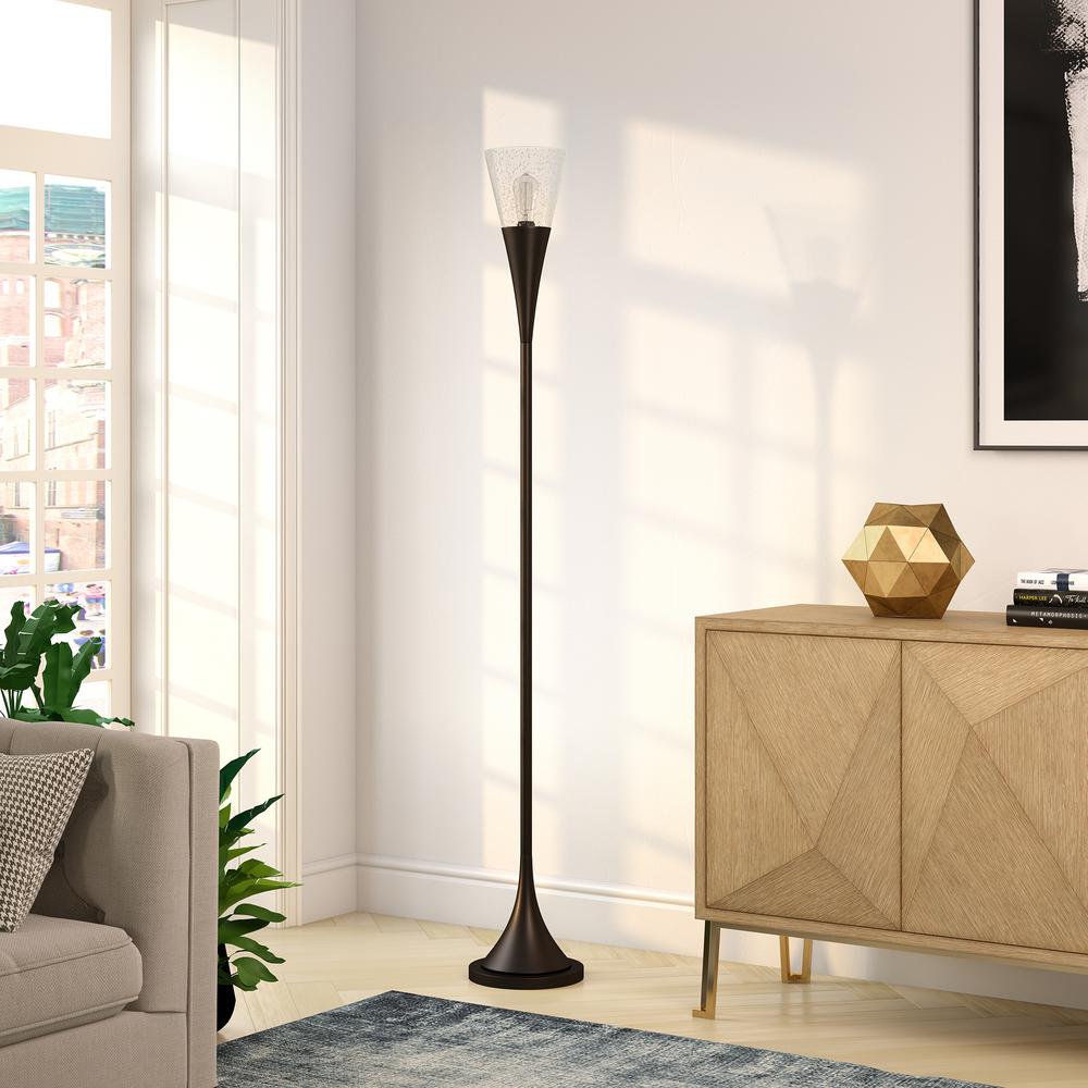 Moura Torchiere Floor Lamp with Glass Shade in Blackened Bronze/Seeded. Picture 2
