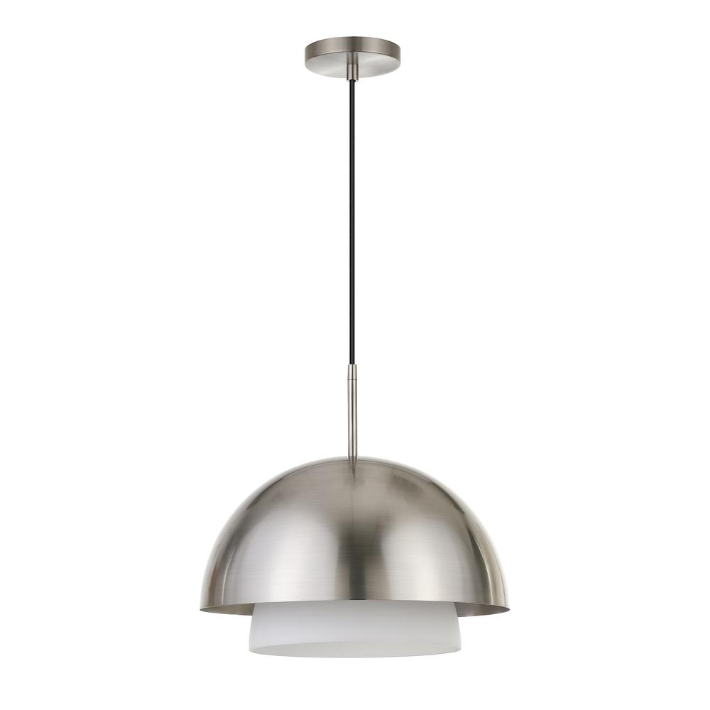 Octavia 15.75" Wide Pendant  with Metal/Glass Shade in Brushed Nickel/Brushed Nickel and White. Picture 1