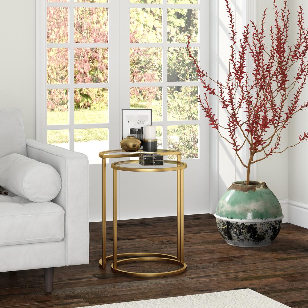 Luna Round & Demilune Nested Side Table in Brass. Picture 4