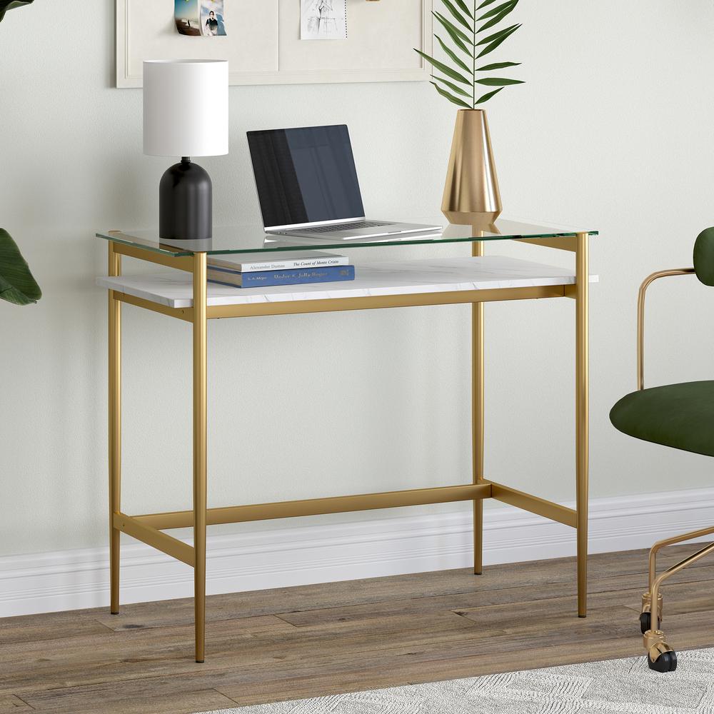 Eaton Rectangular 36'' Wide Desk with Faux Marble Shelf in Brass/Faux Marble. Picture 2