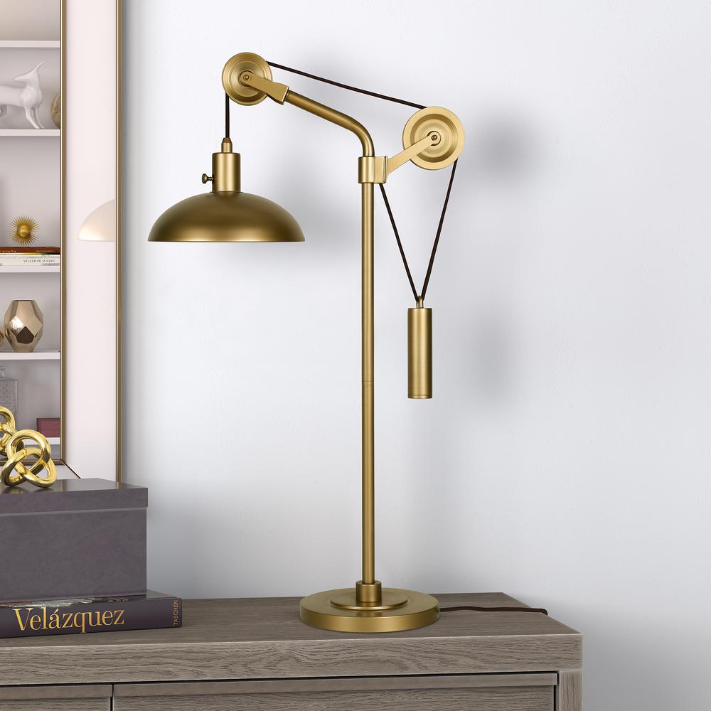 Neo 33.5" Tall Solid Wheel Pulley System Table Lamp with Metal Shade in Brass/Brass. Picture 2