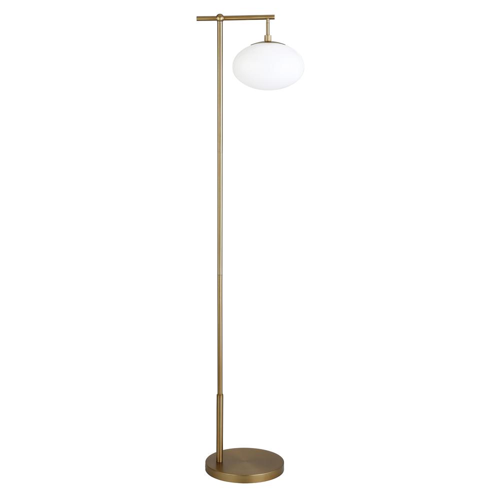 Blume 68" Tall Arc Floor Lamp with Glass Shade in Brushed Brass/Milk White. Picture 1