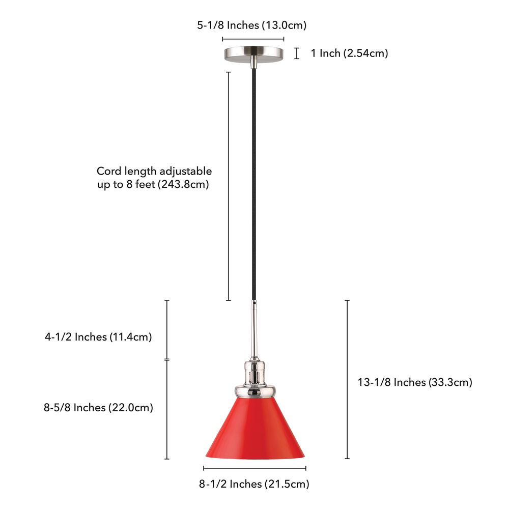 Zeno 8.5" Wide Pendant with Metal Shade in Poppy Red/Polished Nickel/Poppy Red. Picture 5
