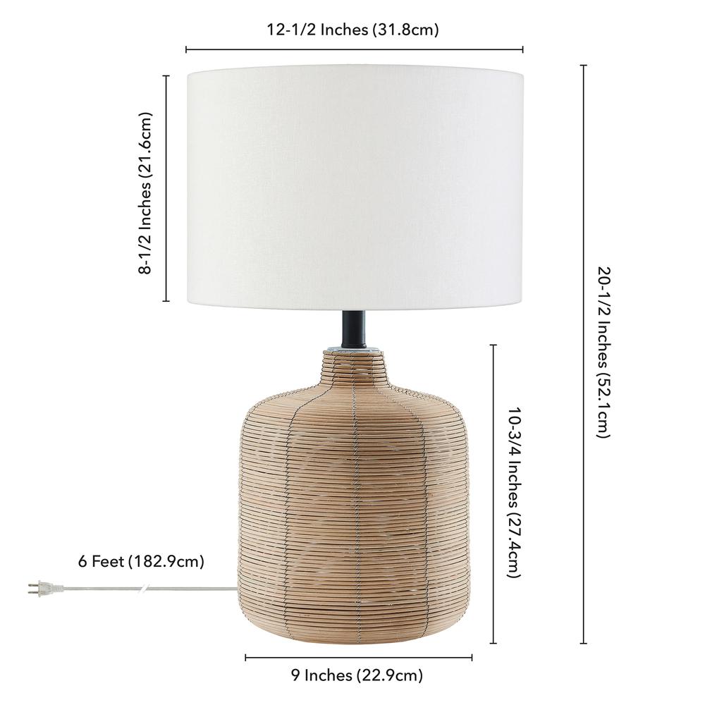 Jolina 20.5" Tall Petite/Rattan Table Lamp with Fabric Shade in Natural Rattan/Brass /White. Picture 4