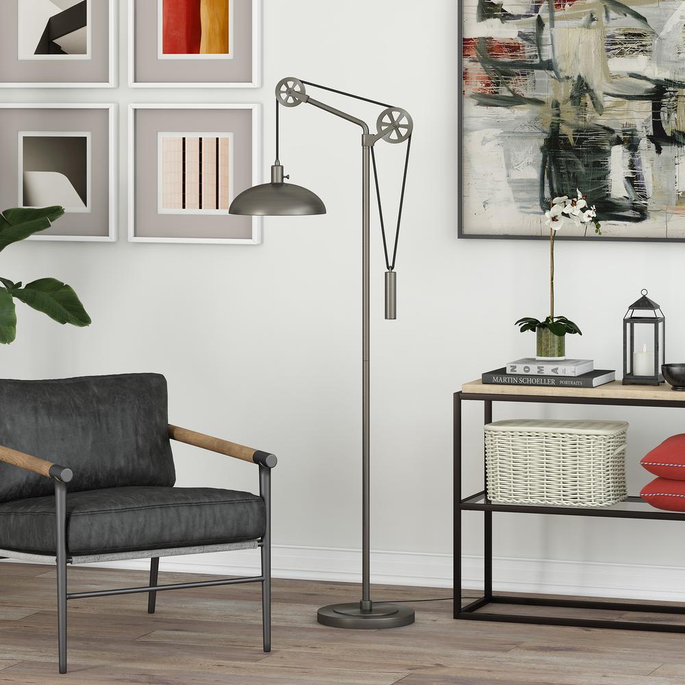Neo Spoke Wheel Pulley System Floor Lamp with Metal Shade in Aged Steel/Aged Steel. Picture 2