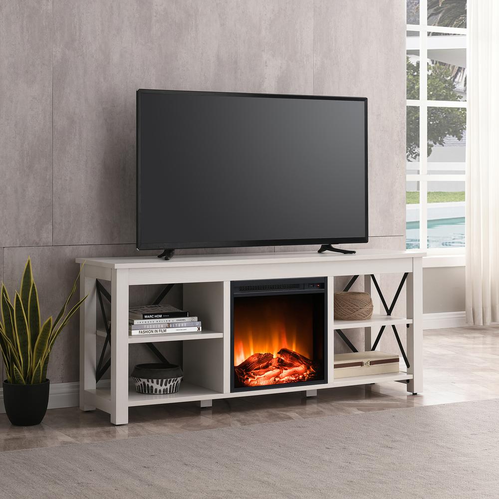 Sawyer Rectangular TV Stand with Log Fireplace for TV's up to 65" in White. Picture 2