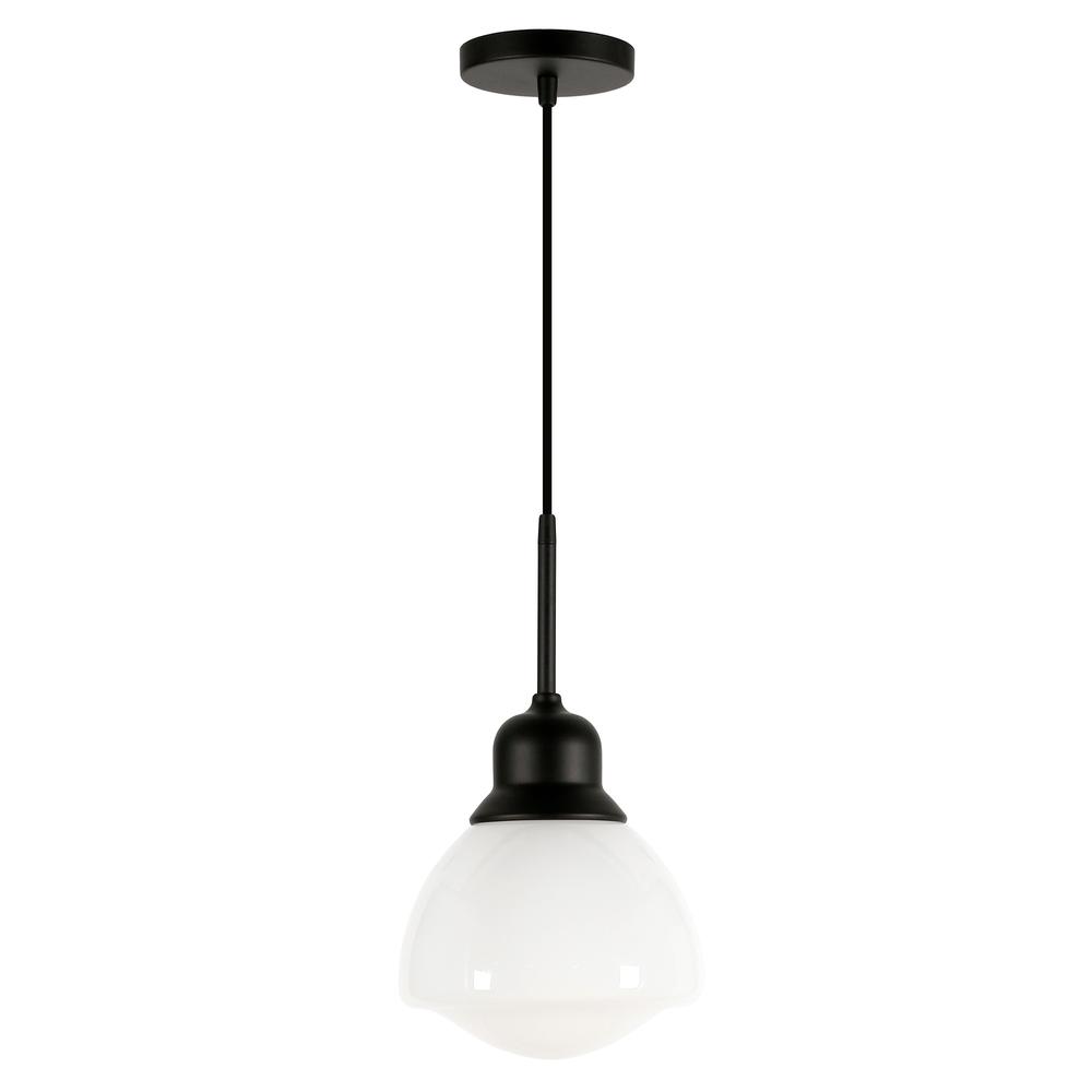 Brooks 8.12" Wide Pendant with Glass Shade in Blackened Bronze /White Milk. Picture 1