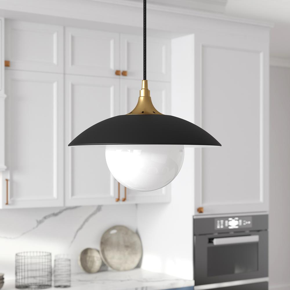 Alvia 14.5" Wide Pendant with Metal/Glass Shade in Matte Black/Brass/White. Picture 2