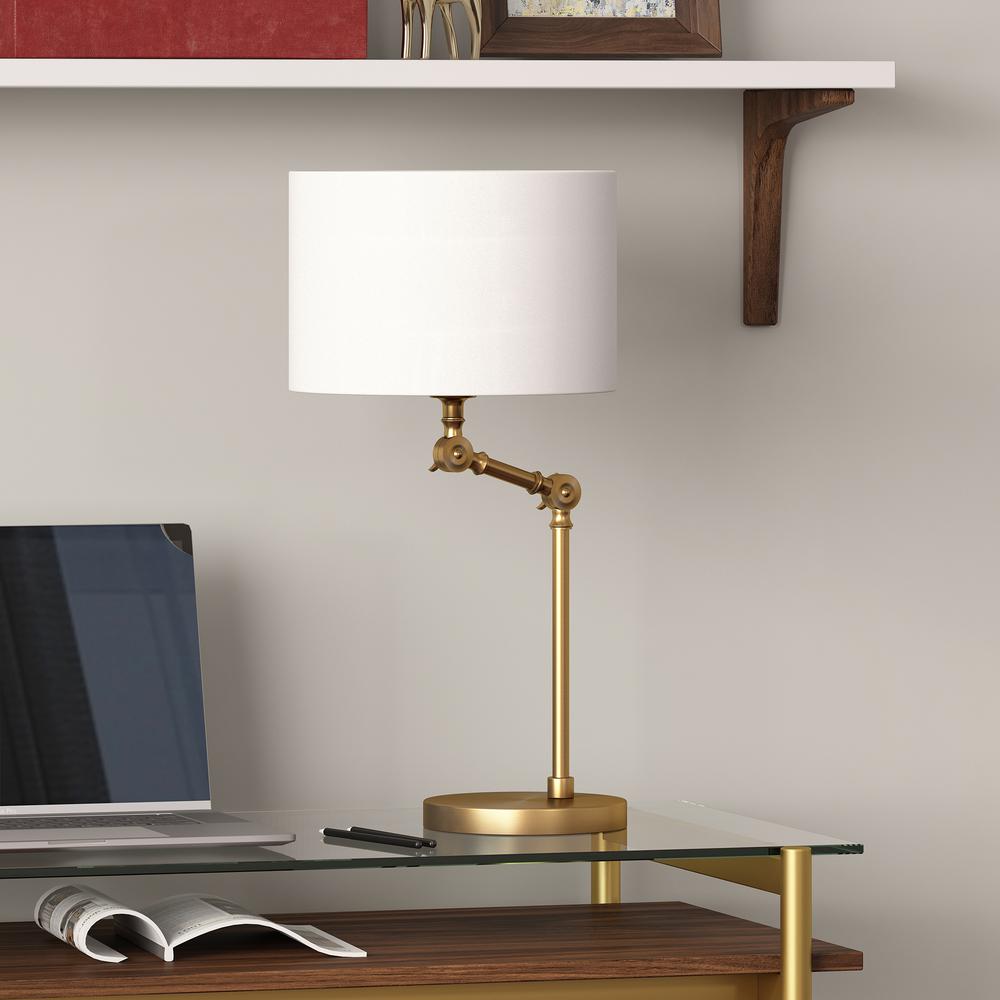 Lucas Height-Adjustable Table Lamp with Fabric Shade in Brushed Brass/White. Picture 2