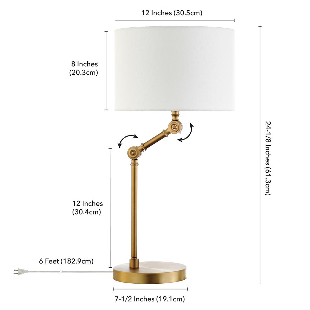 Lucas Height-Adjustable Table Lamp with Fabric Shade in Brushed Brass/White. Picture 4