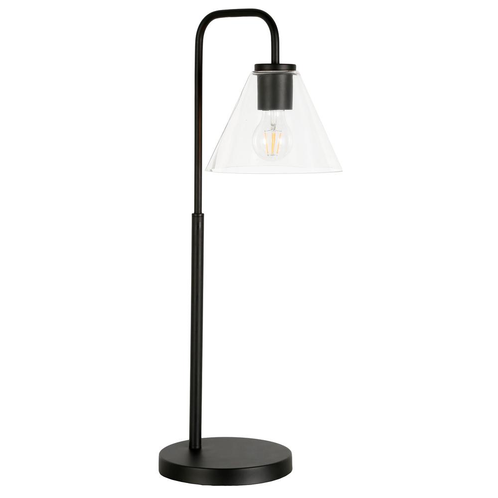Henderson 27" Tall Arc Table Lamp with Glass Shade in Blackened Bronze/Clear. Picture 1