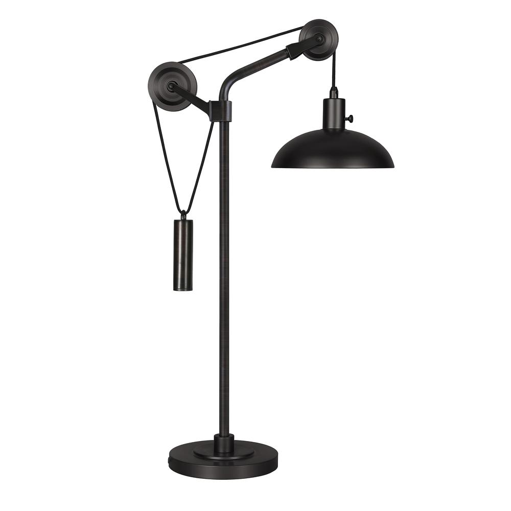 Neo 33.5" Tall Solid Wheel Pulley System Table Lamp with Metal Shade in Blackened Bronze/Blackened Bronze. Picture 1