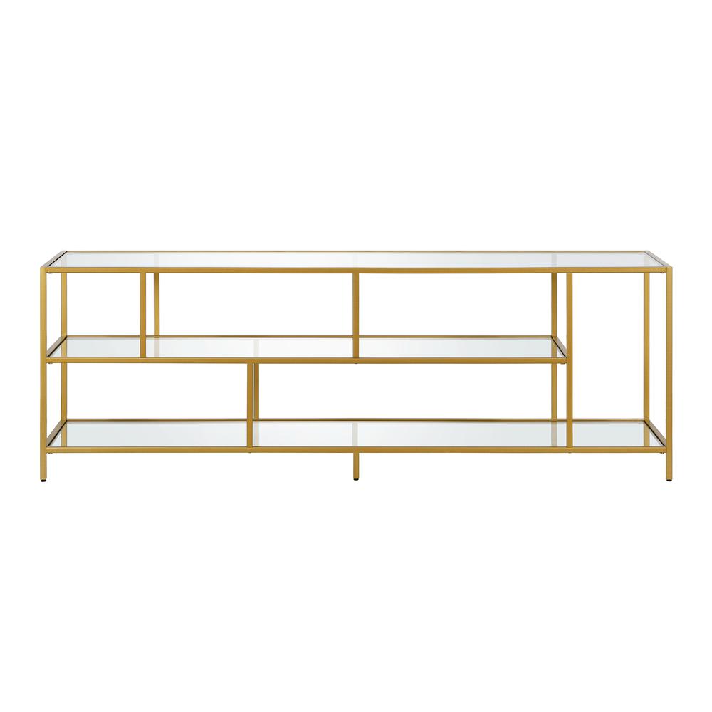 Winthrop Rectangular TV Stand with Glass Shelves for TV's up to 80" in Brass. Picture 3