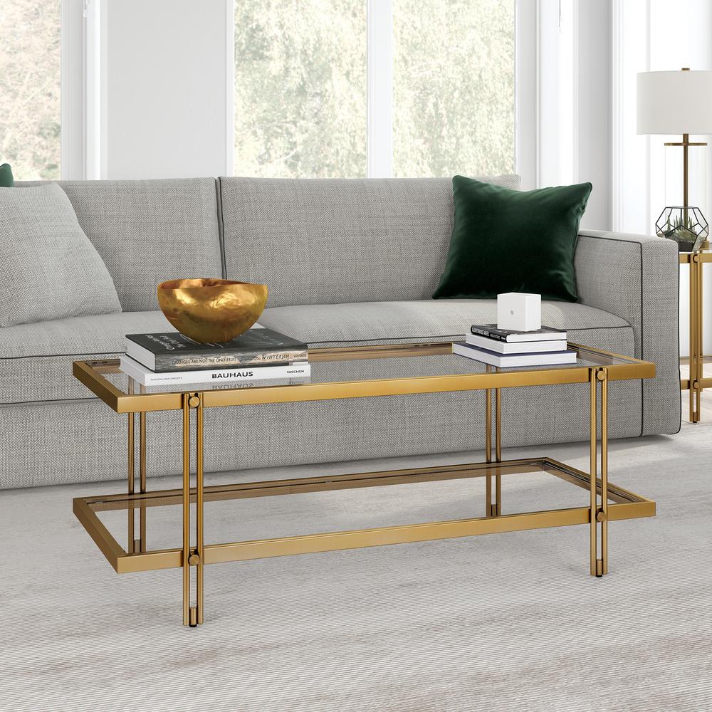 Inez 45'' Wide Rectangular Coffee Table in Brass. Picture 2