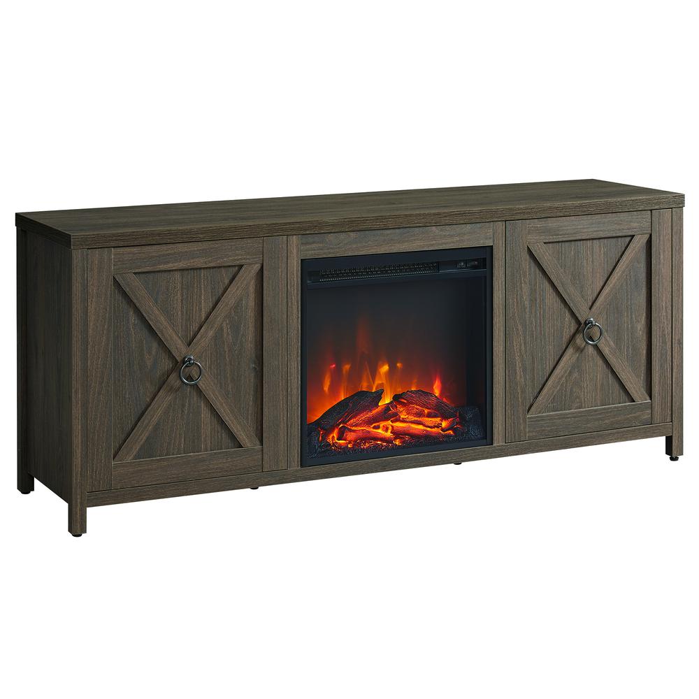 Granger Rectangular TV Stand with Log Fireplace for TV's up to 65" in Alder Brown. Picture 1