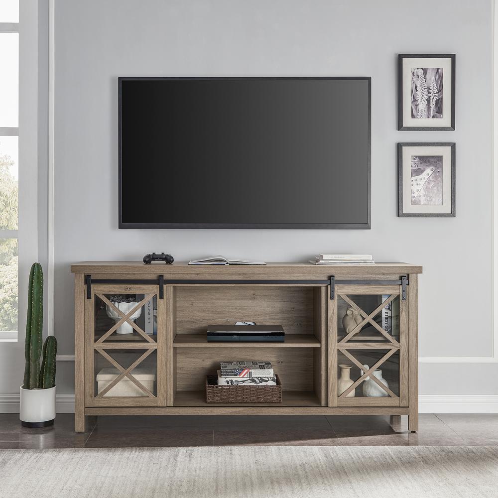 Clementine Rectangular TV Stand for TV's up to 80" in Antiqued Gray Oak. Picture 6