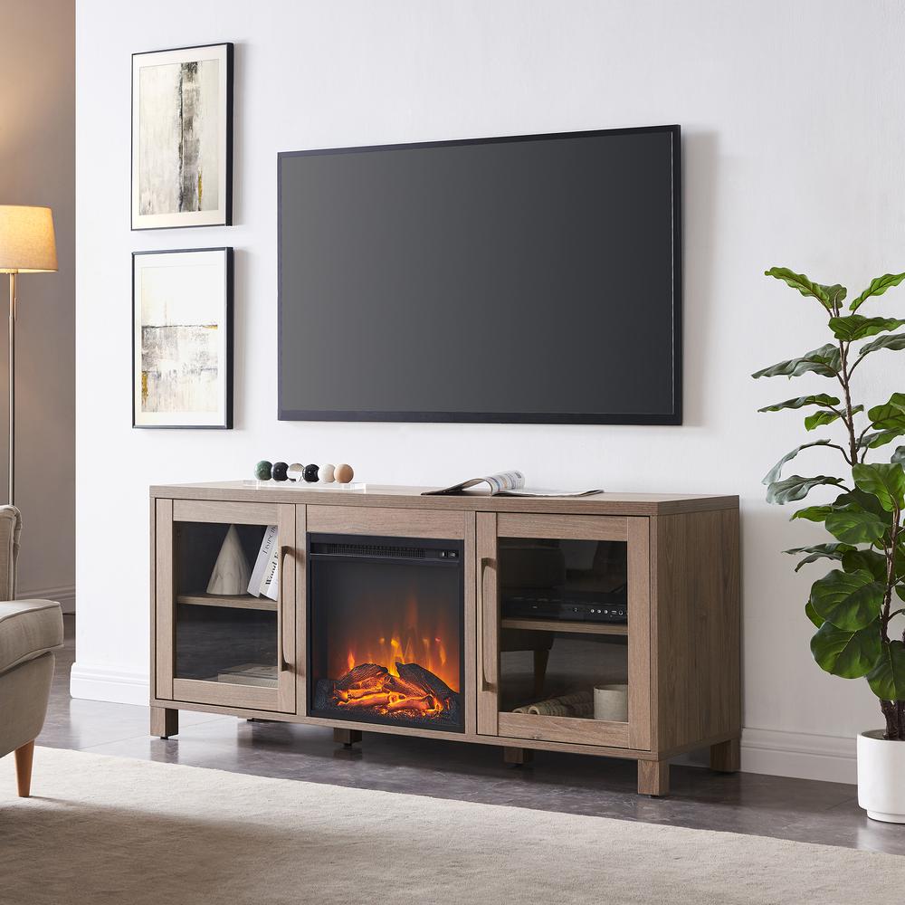 Quincy Rectangular TV Stand with Log Fireplace for TV's up to 65" in Antiqued Gray Oak. Picture 2