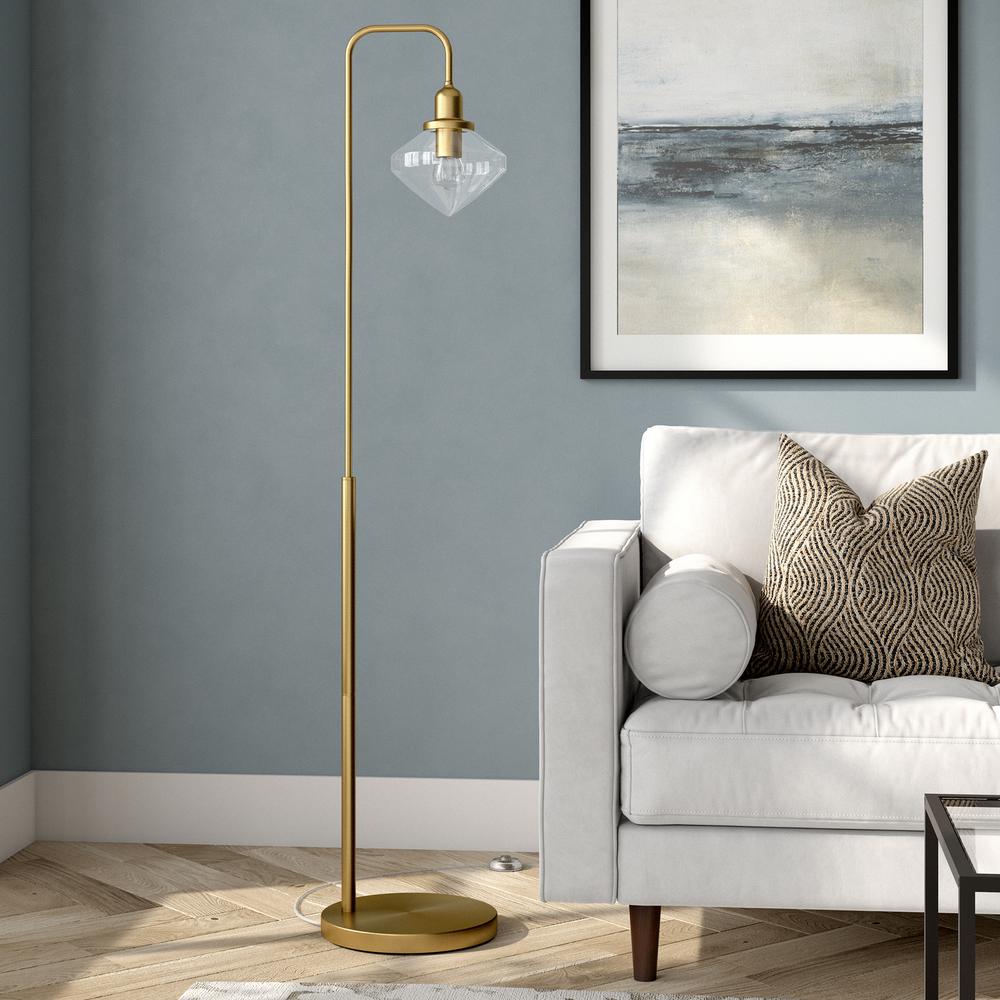 Zariza Arc Floor Lamp with Glass Shade in Brass/Clear. Picture 2