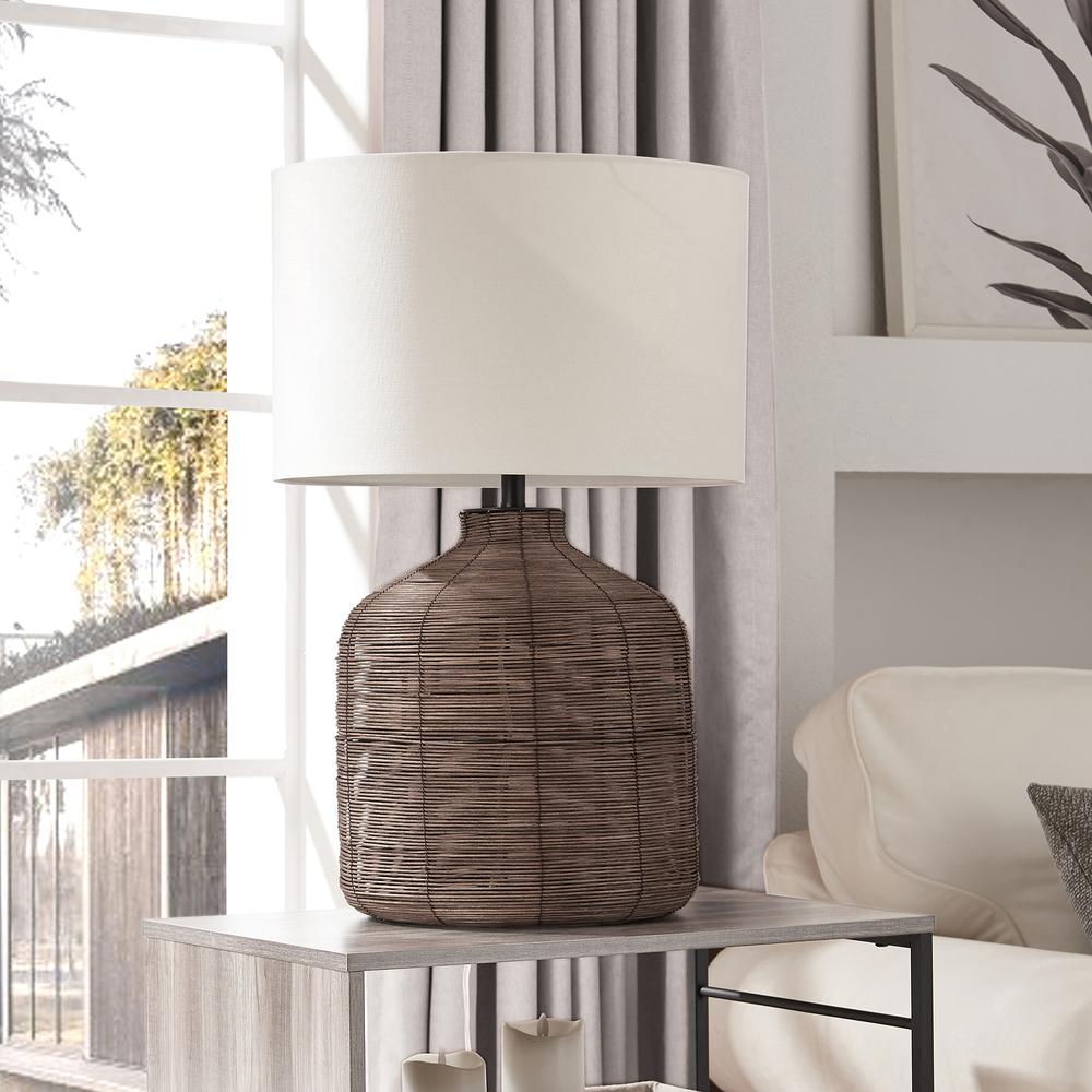 Jolina 26.5" Tall Oversized/Rattan Table Lamp with Fabric Shade in Umber Rattan/White. Picture 2