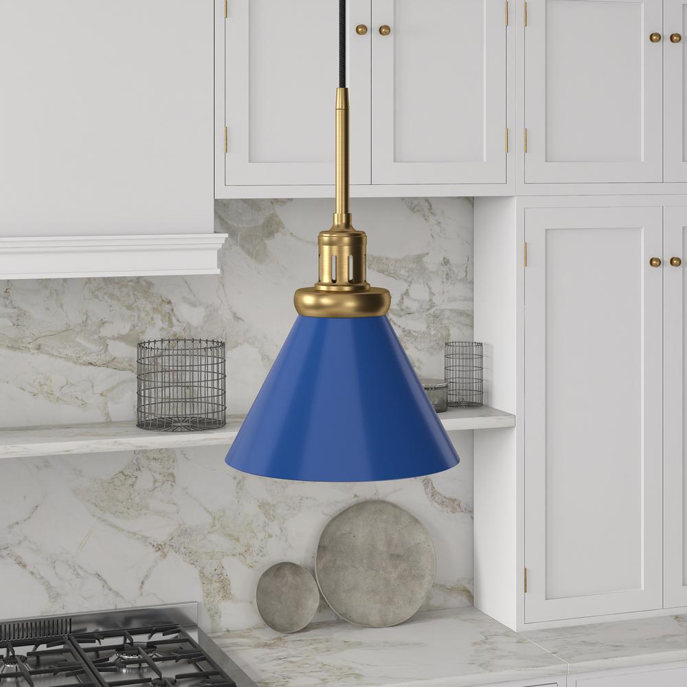 Zeno 8.5" Wide Pendant with Metal Shade in Blue/Brass/Blue. Picture 2