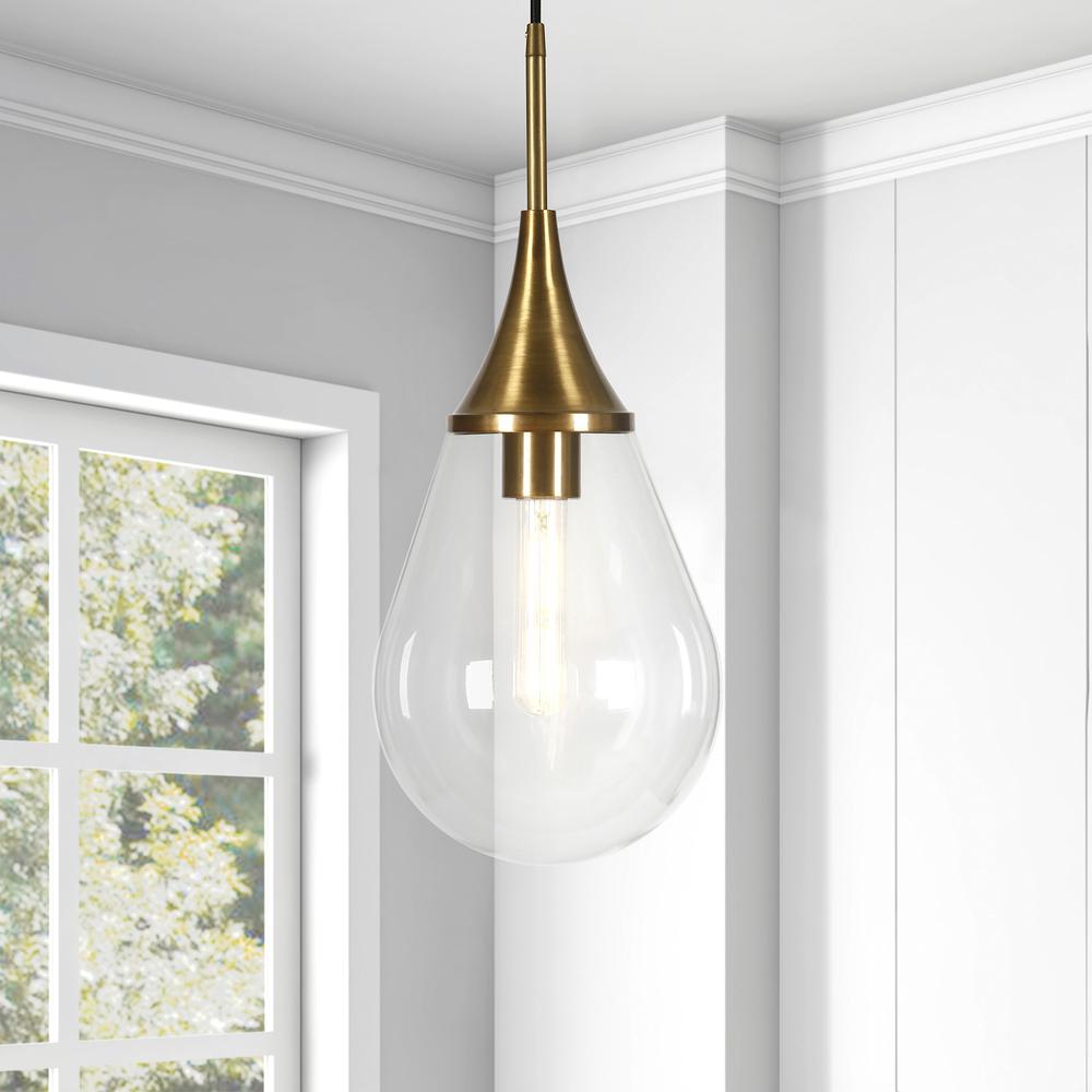 Ambrose 7.63" Wide Pendant with Glass Shade in Brass/Clear. Picture 4