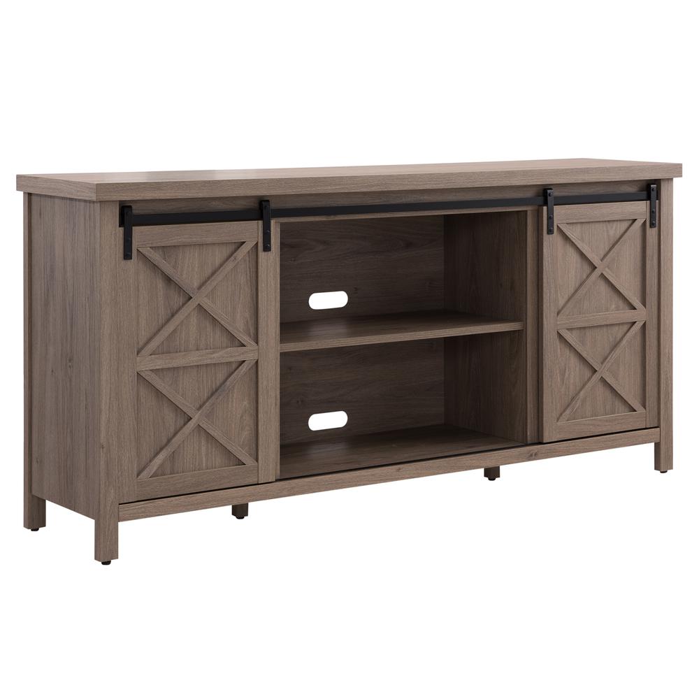 Elmwood Rectangular TV Stand for TV's up to 80" in Antiqued Gray Oak. Picture 1
