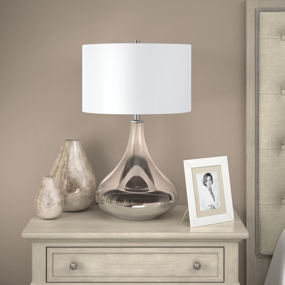 Mirabella 25.5" Tall Table Lamp with Fabric Shade in Smoked Chrome Glass/White. Picture 2