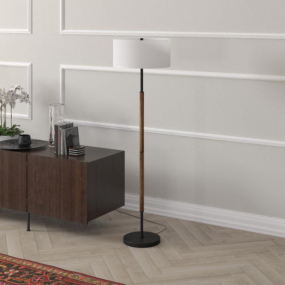 Simone 2-Light Floor Lamp with Fabric Shade in Blackened Bronze/Rustic Oak/White. Picture 2