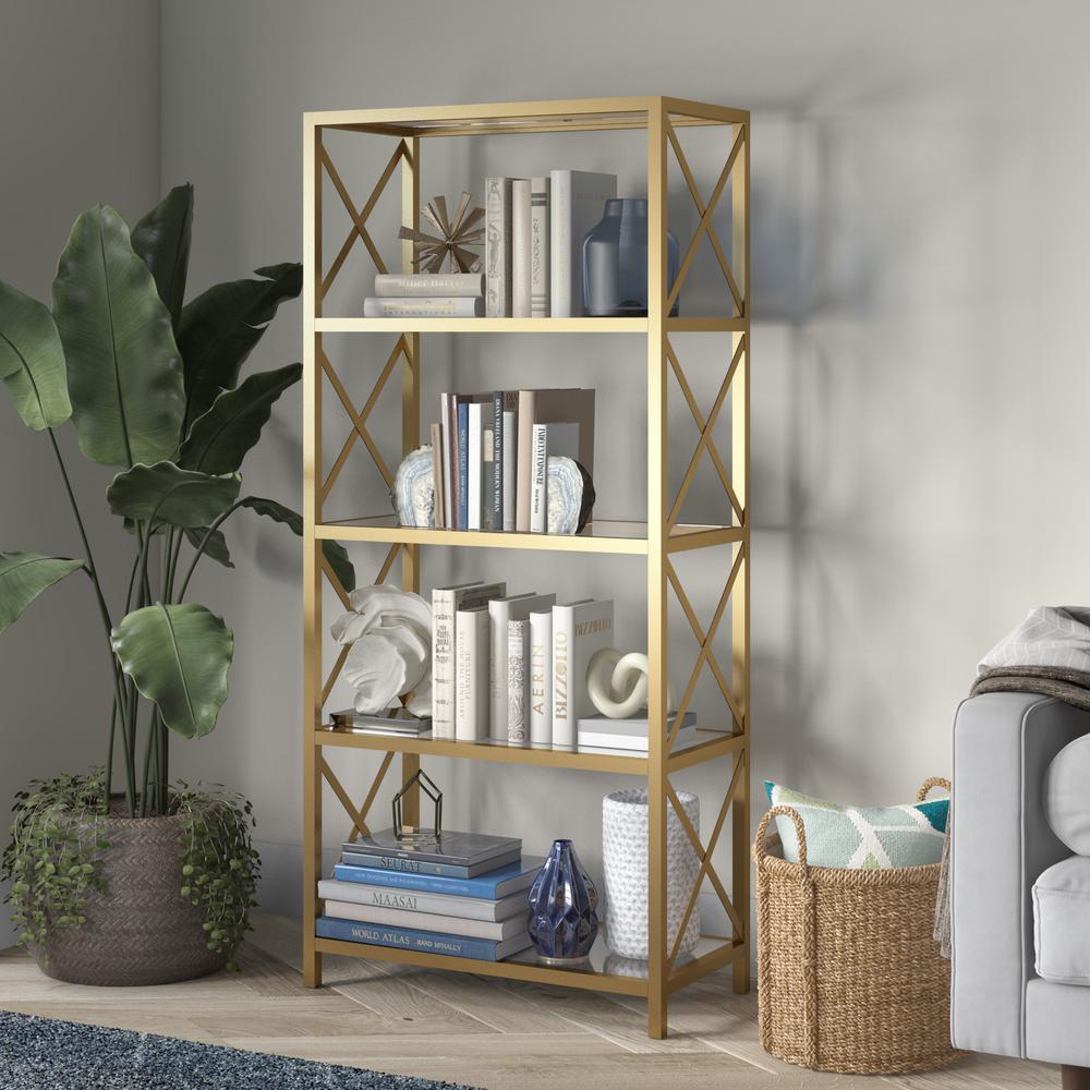 Celine 30'' Wide Rectangular Bookcase in Brushed Brass. Picture 3