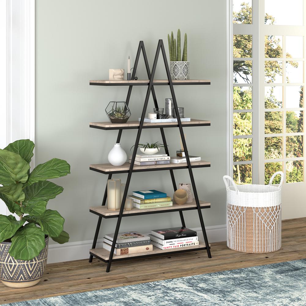 Conry 68'' Tall A-Frame Bookcase in Blackened Bronze/Antiqued Gray Oak. Picture 2