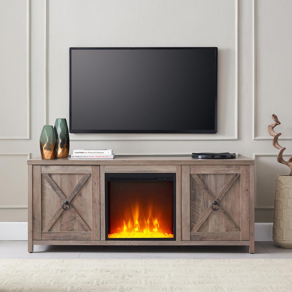 Granger Rectangular TV Stand with Crystal Fireplace for TV's up to 65" in Gray Oak. Picture 4