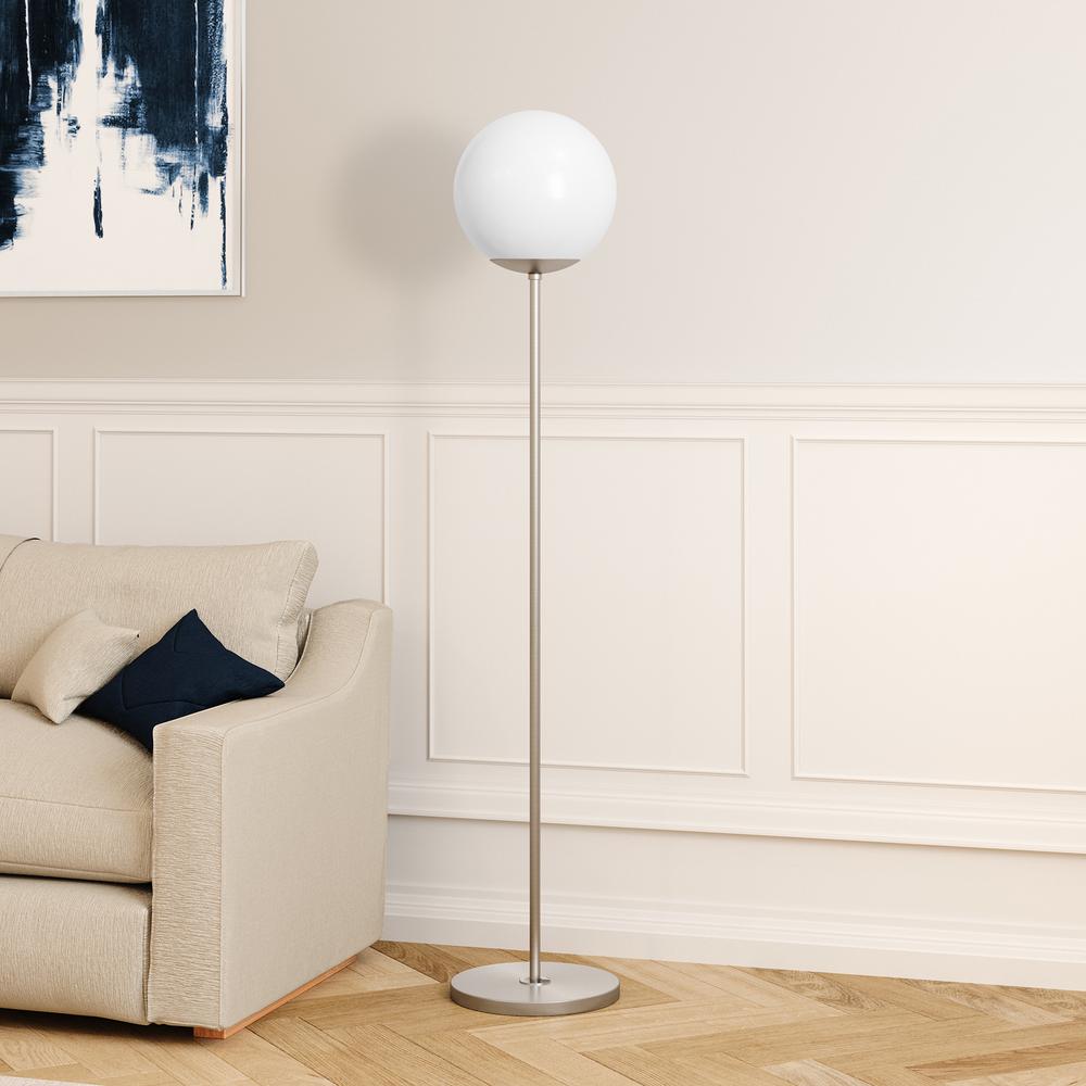 Theia Globe & Stem Floor Lamp with Plastic Shade in Brushed Nickel/White. Picture 2