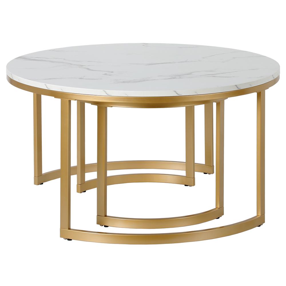 Mitera Round Nested Coffee Table with Faux Marble Top in Brass/Faux Marble. Picture 3