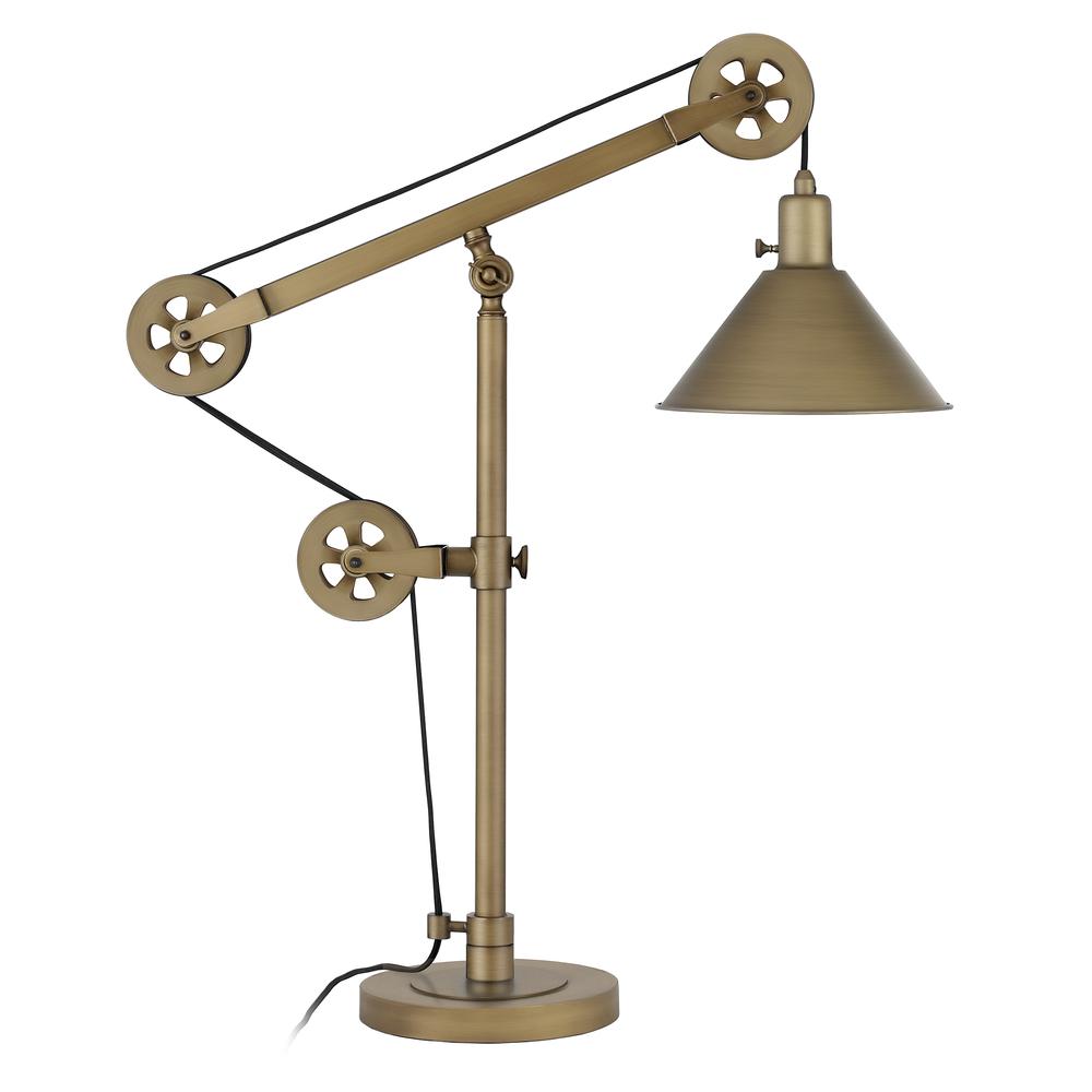 Descartes 29" Tall Pulley System Table Lamp with Metal Shade in Brass/Brass. Picture 3