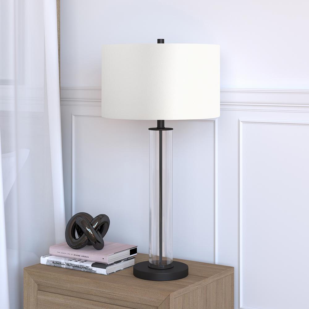 Harlow 29" Tall Table Lamp with Fabric Shade in Clear Glass/Blackened Bronze/White. Picture 2