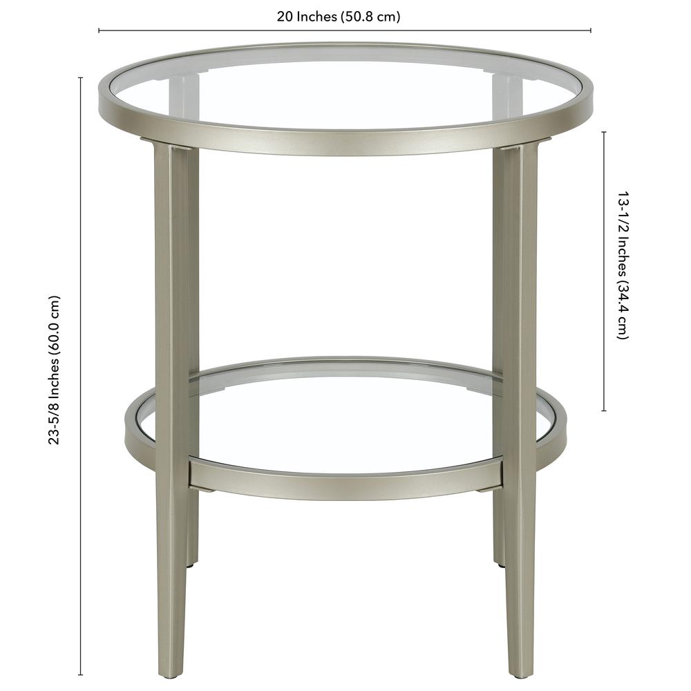 Hera 19.63'' Wide Round Side Table with Clear Glass Shelf in Satin Nickel. Picture 5