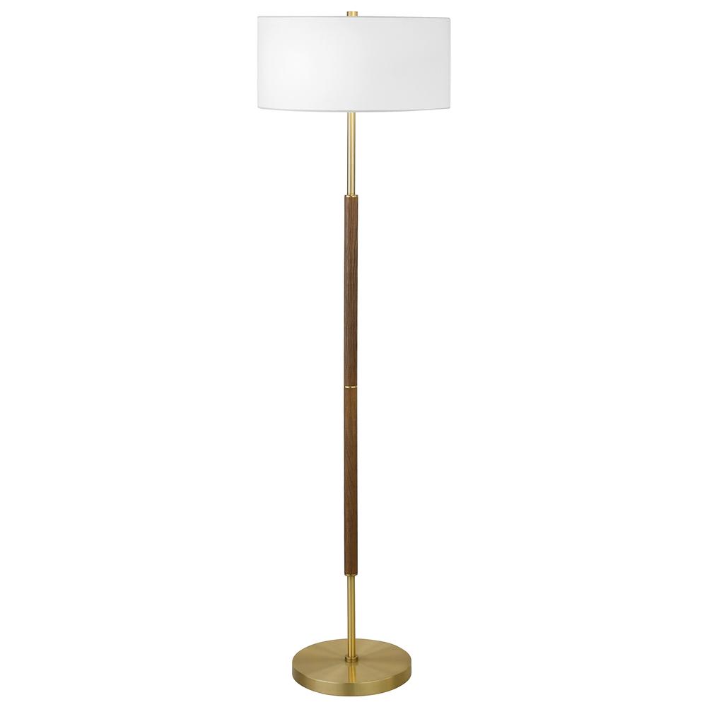 Simone 2-Light Floor Lamp with Fabric Shade in Rustic Oak/Brass/White. Picture 1