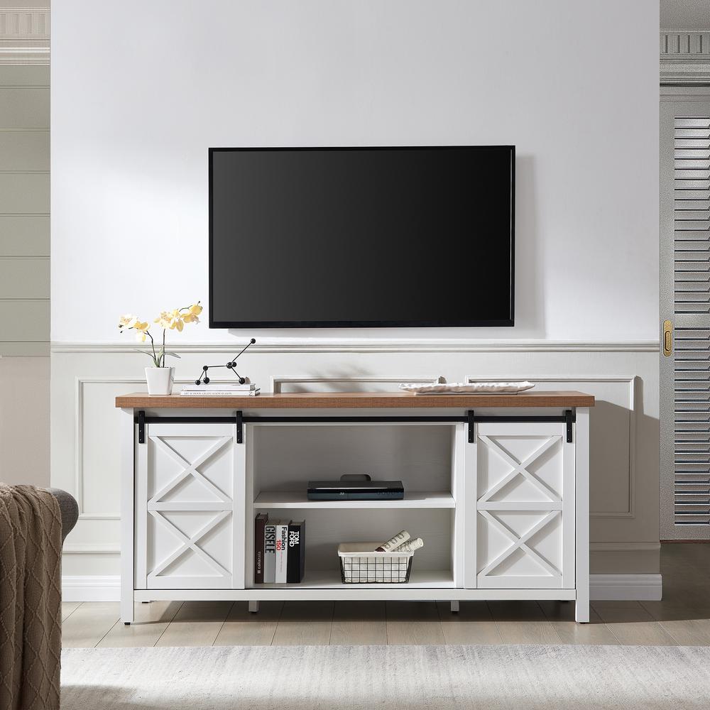 Elmwood Rectangular TV Stand for TV's up to 80" in White/Golden Oak. Picture 4