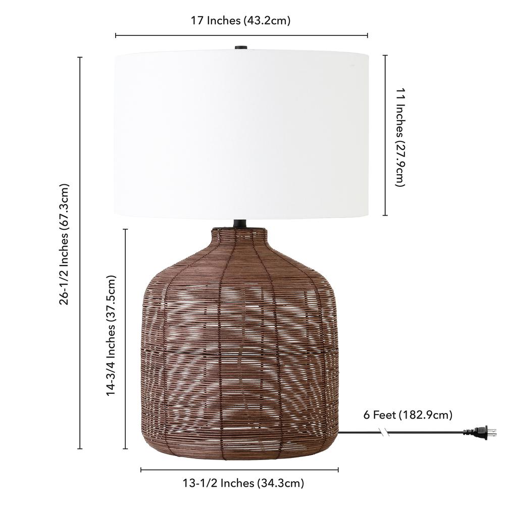 Jolina 26.5" Tall Oversized/Rattan Table Lamp with Fabric Shade in Umber Rattan/White. Picture 4
