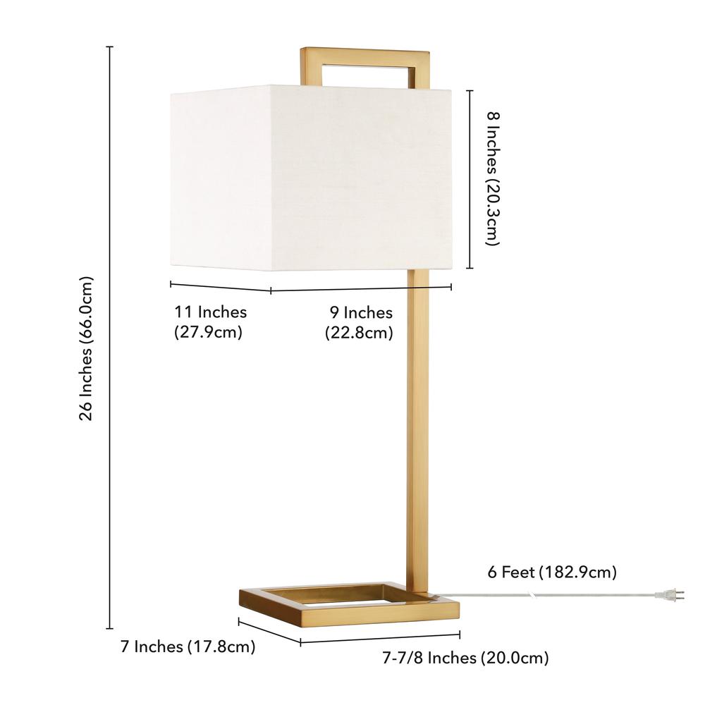 Grayson 26" Tall Table Lamp with Fabric Shade in Brass/White. Picture 4