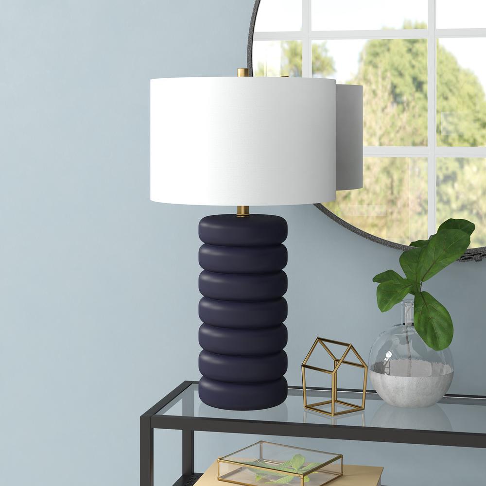 Zelda 25" Tall Ceramic Bubble Body Table Lamp with Fabric Shade in Matte Navy/Brass/White. Picture 2