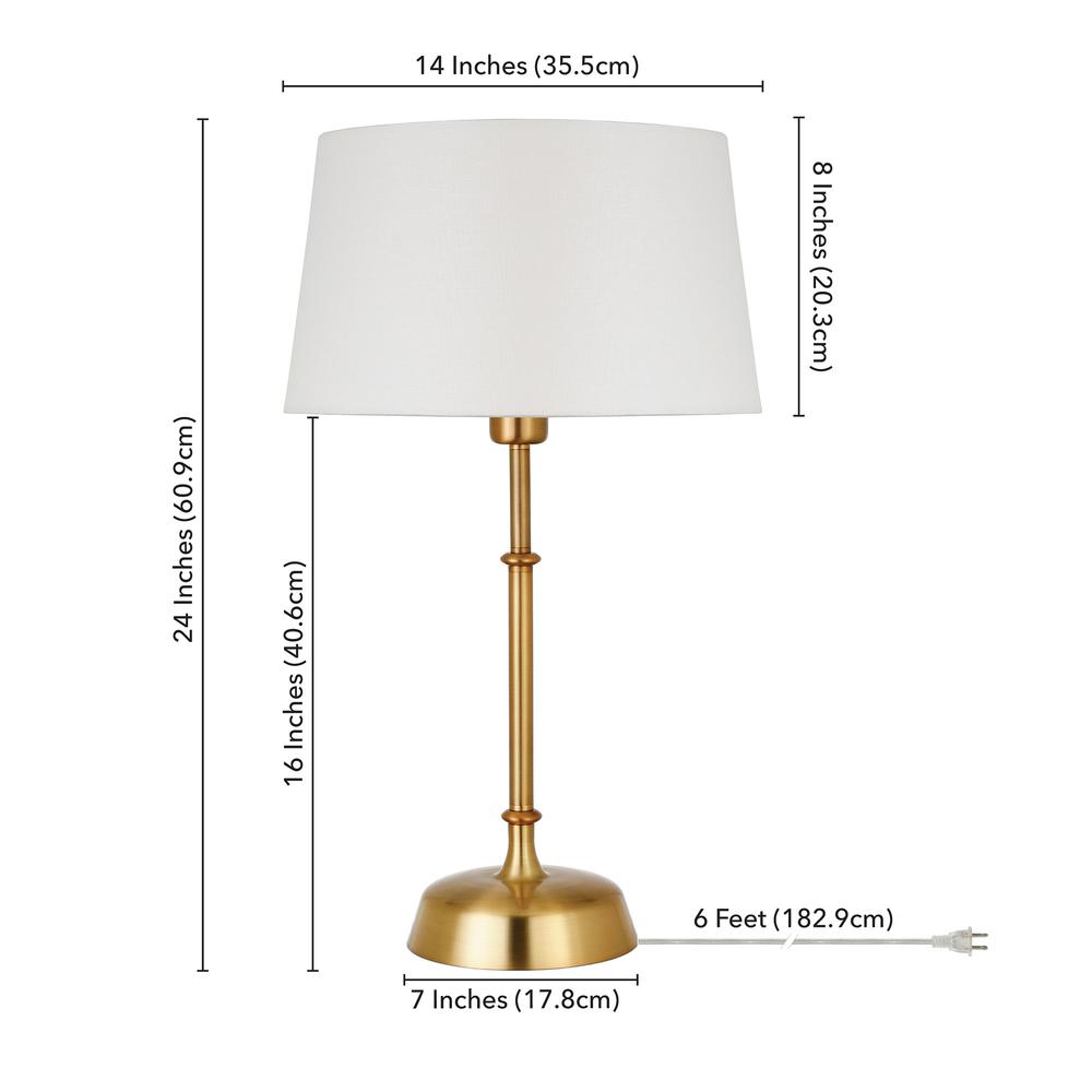 Derek 24.25" Tall Table Lamp with Fabric Shade in Brass/White. Picture 4
